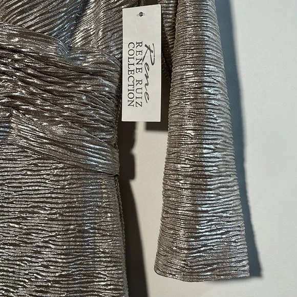 Rene Ruiz NWT Draped Cocktail 3/4 SLV Champagne Metallic Off Shoulder Dress SZ10 - Picture 4 of 15